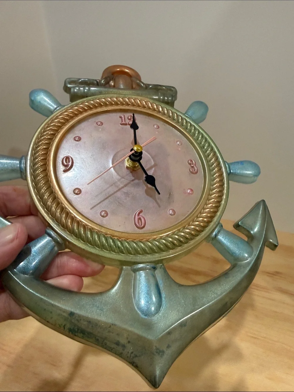 Nautical Anchor Ship Wheel Wall Clock — Bronze and Blue Coastal Accent